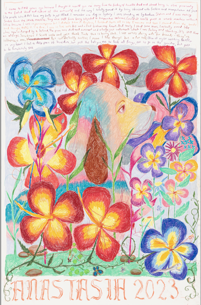 A calm, friendly dog is drawn in coloured pencil surrounded by flowers, curling vines and love hearts.